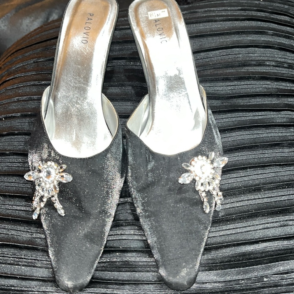 PALOVIO BLACK SATIN MULES With ACCENT CRYSTAL PENDANT ATTACHED (SZ. 8.5)
